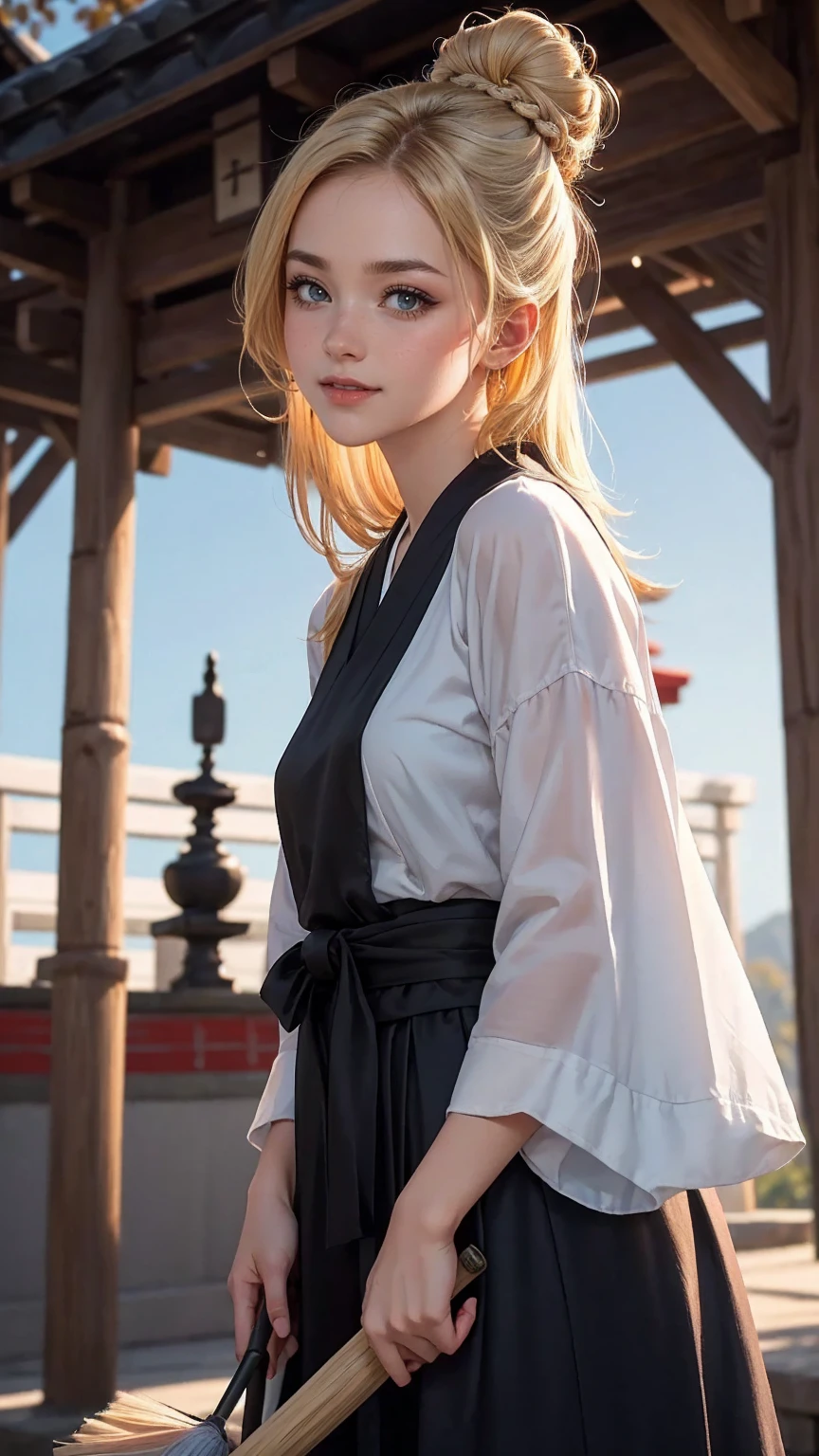 blonde hair, gradient hair, hair over shoulder, hair behind ear, longeyelashes, light smile, Surrealism, depth of field, atmospheric perspective, foreshortening, UHD, anatomically correct, highres, 16k、 ((最high quality, 8K, masterpiece: 1.3, Ultra HD, high quality, 最high quality, High resolution, realism)) 、(high color saturation:1.0), (highly detailed skin), (最high quality:1.0), (超High resolution:1.0) ,(realistic:1.0), (Super detailed:1.0), (8K, Raw photo:1.1), slender、Slender, muscular body that&#39;s toned like an athlete&#39;s、I don&#39;t want my head to disappear from the screen.、25 year old white woman、shiny hair、Her hair color is blonde.、blue eyes、long hair、hair above one eye、smile、On the approach to a Japanese shrine、She is a shrine maiden.、Sweeping the grounds with a bamboo broom、Grinning ((light smile))、side bun, 8k