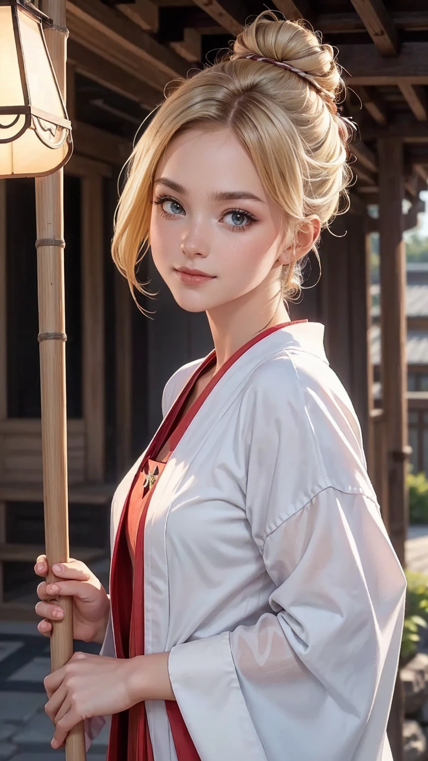 blonde hair, gradient hair, hair over shoulder, hair behind ear, longeyelashes, light smile, Surrealism, depth of field, atmospheric perspective, foreshortening, UHD, anatomically correct, highres, 16k、 ((最high quality, 8K, masterpiece: 1.3, Ultra HD, high quality, 最high quality, High resolution, realism)) 、(high color saturation:1.0), (highly detailed skin), (最high quality:1.0), (超High resolution:1.0) ,(realistic:1.0), (Super detailed:1.0), (8K, Raw photo:1.1), slender、Slender, muscular body that's toned like an athlete's、I don't want my head to disappear from the screen.、25 year old white woman、shiny hair、Her hair color is blonde.、blue eyes、long hair、hair above one eye、smile、On the approach to a Japanese shrine、She is a shrine maiden.、Sweeping the grounds with a bamboo broom、Grinning ((light smile))、side bun, 8k