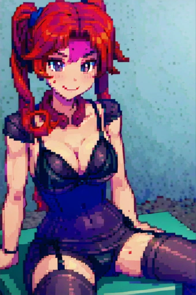Twintail, red haired, 1girl, grey eyes, tall, well toned, well built, muscled, toned muscles, red highlights, beach, pink, black bikini, pov, sit, looks at the viewer, spread legs, blushing, sweating, (Jillin' off:1.2), stockings, (ahego:1.5) ,At school, frontal, purple short skirt, bag, smiling, abusive, super detailed, 4k, (black lingerie:1.5)