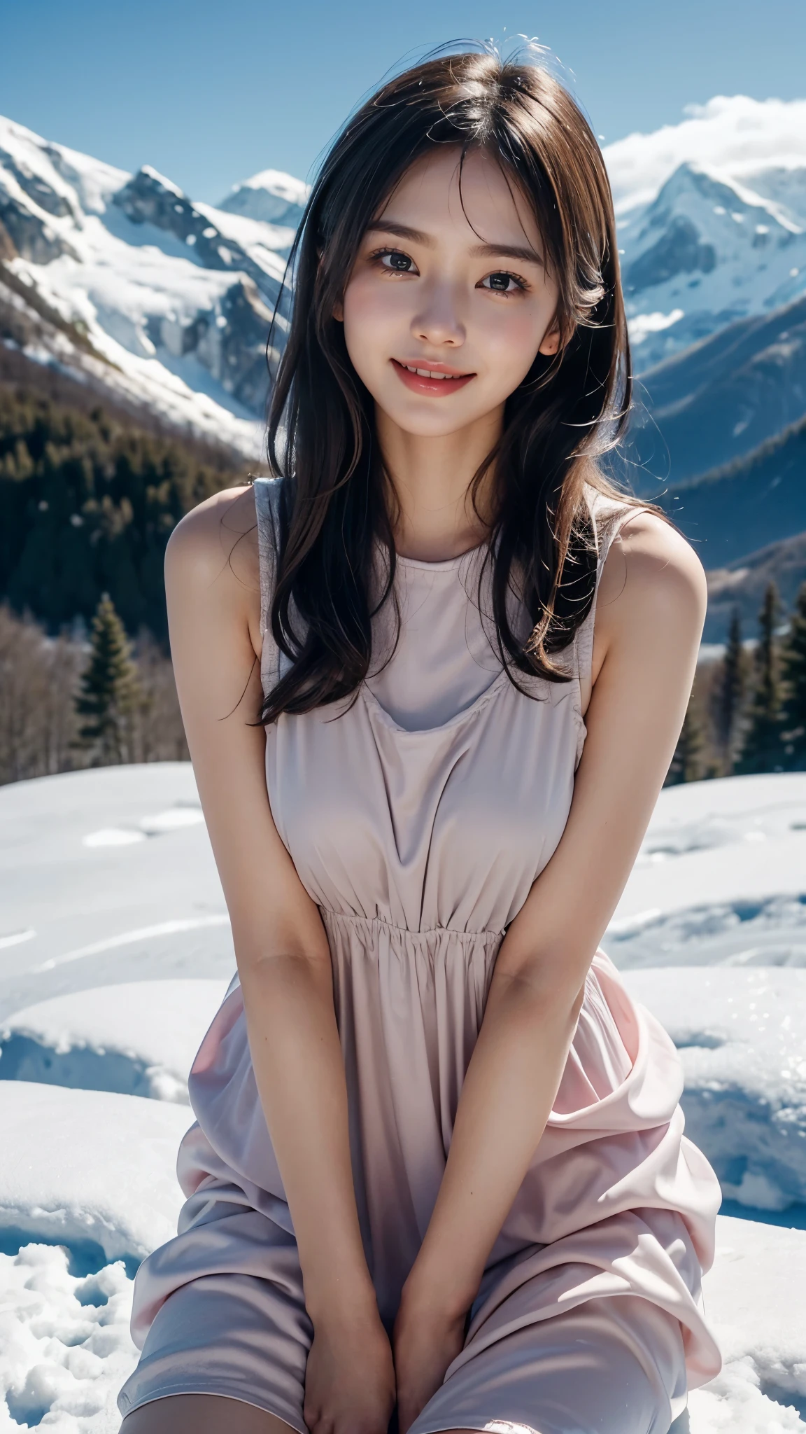 mountain climbing、mountain climbingガール、One female、beautiful woman, switzerland, alaps valley, Silky Satin pink chiffon Sundress, Perfect Young breasts under the dress, Beautiful Smile, (Smile: 1.2), 22 Years beautiful Korean Girl, Ultra Realistic, Ultra HD image, Snow mountains, Icy mountains, Fog covered in mountains, Heaven Nature, Heaven Girl,
