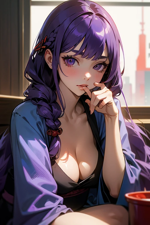 1 girl, dull bangs, Braid, wide sleeve, hair ornaments, kimono, red obi, (purple hair:1.2), very long hair, straight hair, looking at the viewer, highly detailed background, (realistic:1.2), fine eyes, red eyeshadow, Depth of written boundary,thigh, (Ulzzang-6500:0.7), Upper body, (alone:1.2), (cyberpunk city:1.1), cleavage, (put your finger on your lips:1.1),shiny skin、Sit at the bar counselor、