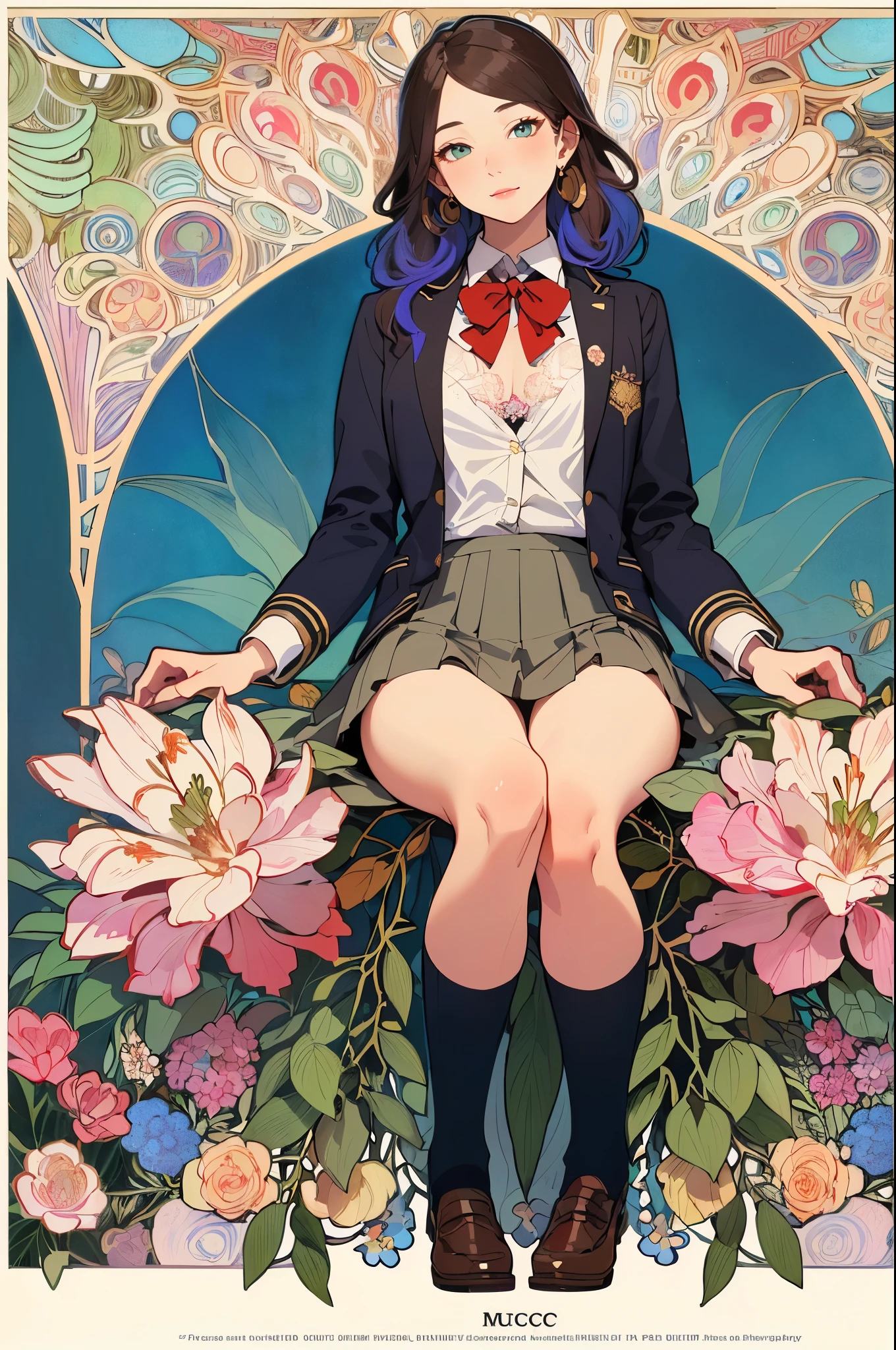 poster,(by mucha:1.2),((art deco,Botanical Art,Floral Art)),(floral:1.2),lily flower,
(masterpiece, highest quality),(vibrant colors,colorful),(amazing details,detailed background),anatomically correct,Accurate drawing,Detailed drawing,high-class sense,
naked girl,
(School uniform:1.5), bra, open clothes,
cross legs sitting,