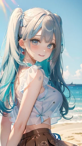 (Glasses)、The arrival of autumn、big butt、big butt、 Super detailed,bright colors, very beautiful detailed anime face and eyes,highest quality, hyper detail, masterpiece, look straight, ;shiny_skin,girl, ((long hair、gradation hair , Half white hair、Half light blue hair: 1.5)) 、forehead is exposed、shiny hair, delicate beautiful face, blush、(turquoise eyes), White skin, Valletta, mature earrings,、sandy beach、blue sky、Wind、((ribbon、(heart pattern、See-through brown mini skirt)))、twin tails、smile、happy face、face dyed red、dynamic、show off your butt