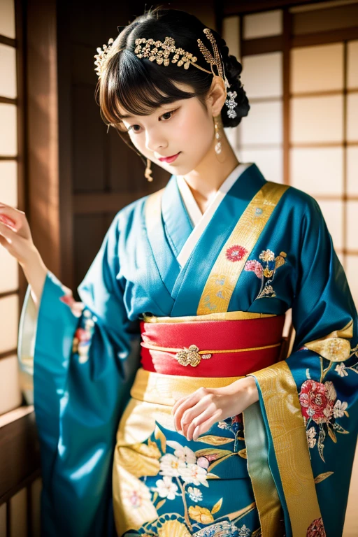 (8k, RAW photo, best quality, perfect anatomy, masterpiece:1.2), (realistic, photo-realistic:1.4), (extremely detailed 8k wallpaper), sharp focus, professional lighting, depth of field, cinematic lighting, (Camera angle is full body:1.5), 25 years old Beautiful and cute japanese actress, Low - Angle, Traditional Japanese kimono, Furisode:1.3, Graceful pose, Intricate patterns, Vibrant colors, Japanese textile artistry, Traditional Japanese hairstyle, Kanzashi, Ornate hair accessories, Serene atmosphere, Traditional Japanese backdrop, Tatami room, Japanese garden, Sophisticated beauty, Timeless allure