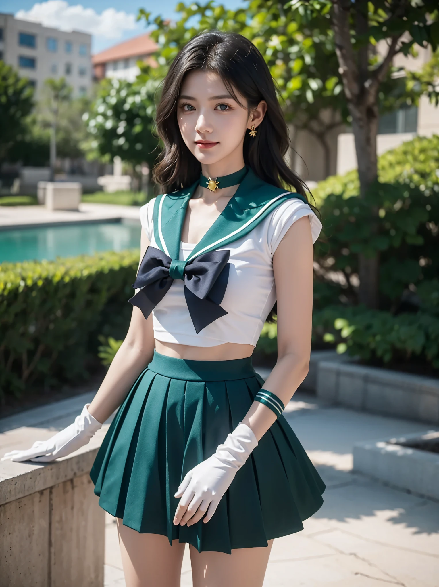 ((HD Real, Sama1 level)), extreme real, masterpiece, best quality, high quality, Sama1, space, amazing beauty, upper body shot, 1 girl, chest, Gloves, Lips, alone, Sailor Neptune, aqua blue eyes, uniform, See more1, tiara, 세일러 센시 uniform, (RAW photos, best quality), masterpiece, Floating dark green hair, Green Sailor Color, curtsey, choker, 흰 Gloves, green choker, elcurtsey gloves, bijouterie, earring, green skirt, Outsole, whole body, dark green medium hair, (perfect hands): 3.8, octane rendering, Goddess of the Sea, (enlargement: 1.2) beautiful eyes in detail, enlargement, small eyes, look at the viewer, to8 contrast style, octane line art, space background, Neptune, sea effect, green, soft smile, Squint your eyes with a smile, hands down, earth background,masterpiece, 4K, very detailed, enlargement, 1 girl, Sailor Neptune, aqua blue eyes, 짙은 green 머리카락, medium hair, (Sailor Neptune uniform:1.1), plea skirt, curtsey, dynamic pose, best quality, masterpiece, high resolution, intricate details, (realistic)), photography, earring, bijouterie, 흰 Gloves, 중간 chest, whole body, 흰 Gloves, sailor collar, Sailor Neptune, clean skin,enlargement, 1 woman, Sailor Neptune, aqua eye, 짙은 green 머리카락, medium hair, (세일러 센시 uniform:1.1), pleated skirt, curtsey, dynamic posture, dynamic background, , best quality, masterpiece, high resolution, intricate details, (( realistic )), of the photo, earring, bijouterie, 흰 Gloves, 중간 chest, whole body, 흰 Gloves, sailor collar