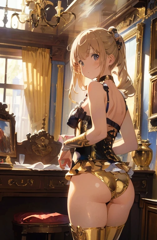 (masterpiece:1.8),(highest quality:1.8),(Super detailed:1.8),(8K:1.8),(Ultra-fine illustration:1.5),cute single mature woman,skinny,small ass,Up Twin Tail,flat chest,small breasts,(Shiny metallic gold color,ruffle panties),,Gold Corset,choker,Gold Long Gloves,gold boots,(Hide your face in embarrassment),(antique furniture)).angle from behind,