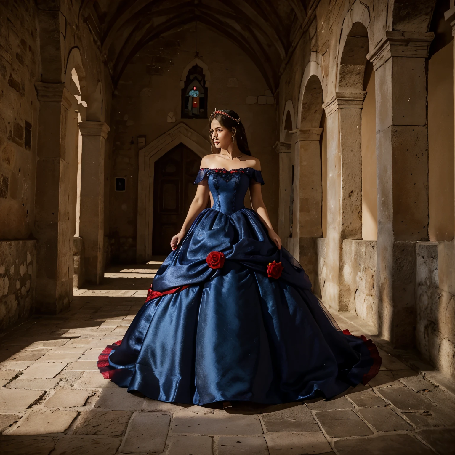 Um castelo. with red roses decoration and a princess in a dark blue dress. E detalhes dourado com tule transparente e com detalhes dourado. Como se fosse um vel longo de noiva mais no vestido.