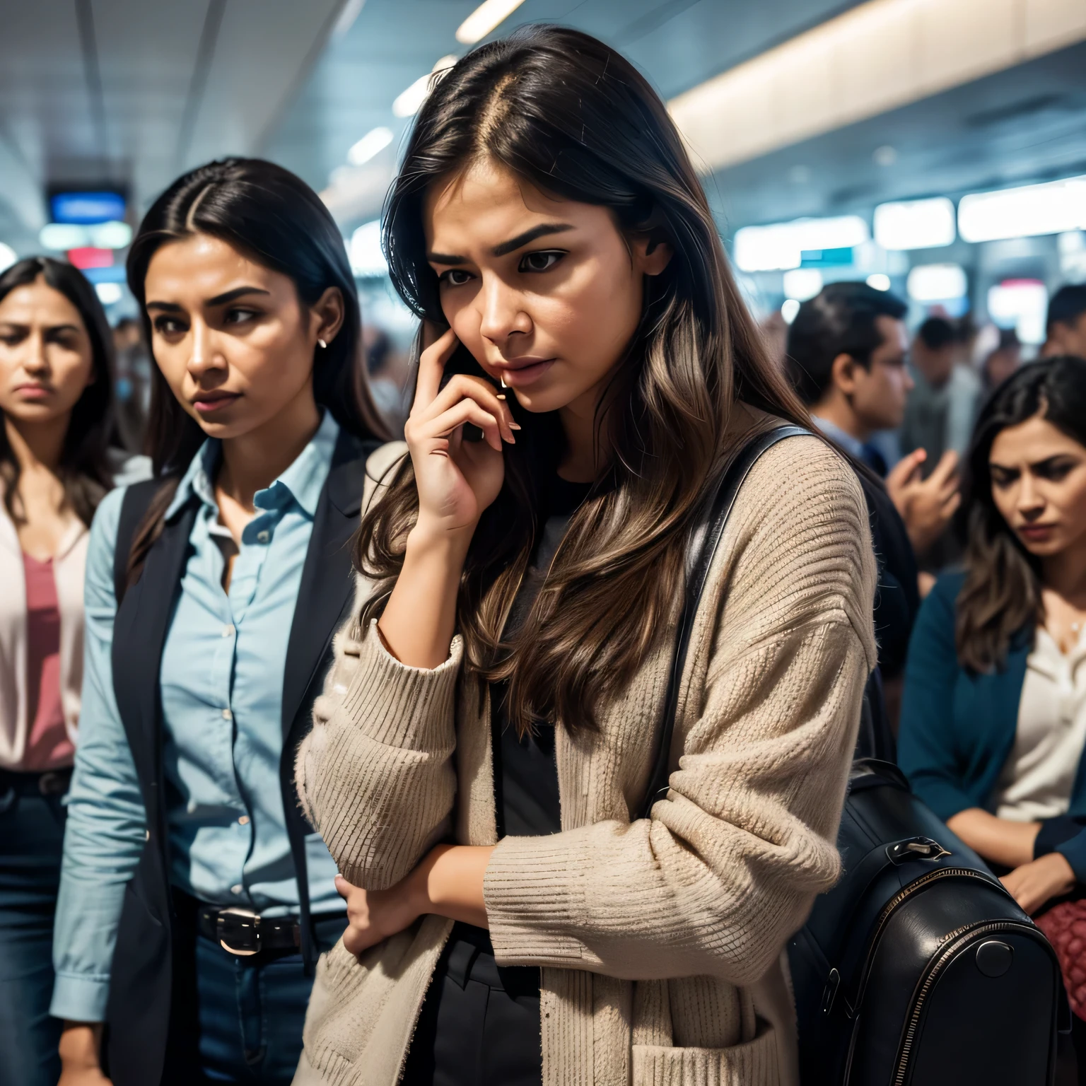(highres,ultra-detailed,realistic:1.37),(best quality,4k,8k,masterpiece:1.2),HDR,UHD,stunning lighting,professional,portraits,colorful tones,crowded scene,airport reception,disgruntled,profile photos,facial expressions,close-up,view from above,crowd watching the arrival,anxious,frustrated emotions,stressed faces,facial details,pouty lips,narrowed eyes,wrinkled brows,tired expressions,bags under the eyes,frown,heavy sighs,eye rolls,grimaces,plane landing in the background,capturing the tension and impatience of the crowd,people checking their watches in anticipation,disarrayed hair,rumpled clothes,weary travelers,diverse ethnicities,frustrated body language,hand on hip,arms crossed,foot tapping,people talking on phones while looking annoyed,detailed clothing,focus on accessories,handbags,luggage,flight tickets,boarding passes,facial features in sharp focus,highly defined lines and contours,attention to shadows and highlights,realistic depictions of texture and material,background noise of announcements and chatter,ambient lighting from large windows,stressful atmosphere,neutral background colors,subtle color grading to enhance the mood,contrast between bright and dim areas,journey,travel,arrival,airport