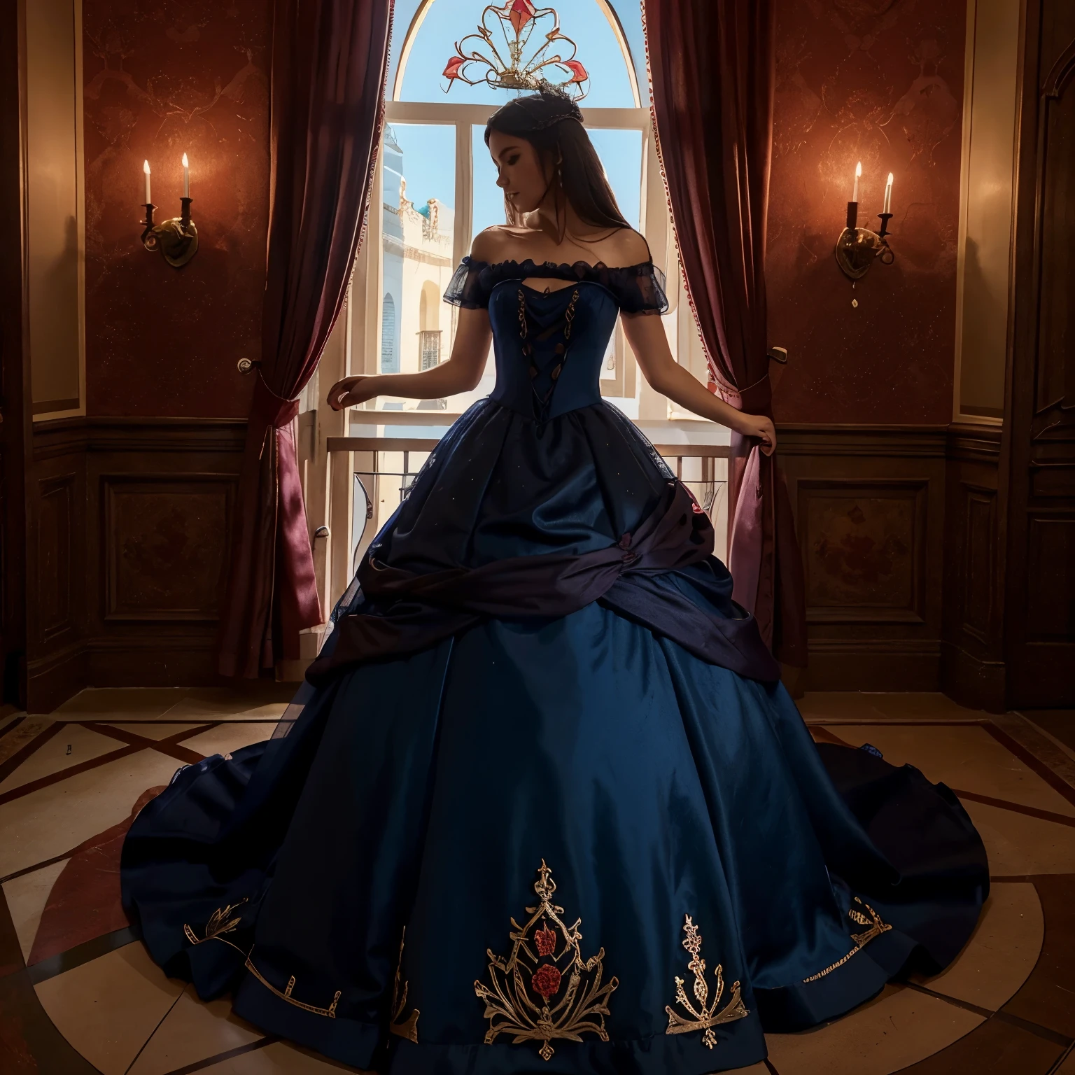 Um castelo. with red roses decoration and a princess in a dark blue dress. E detalhes dourado com tule transparente e com detalhes dourado. Como se fosse um vel longo de noiva mais no vestido.
