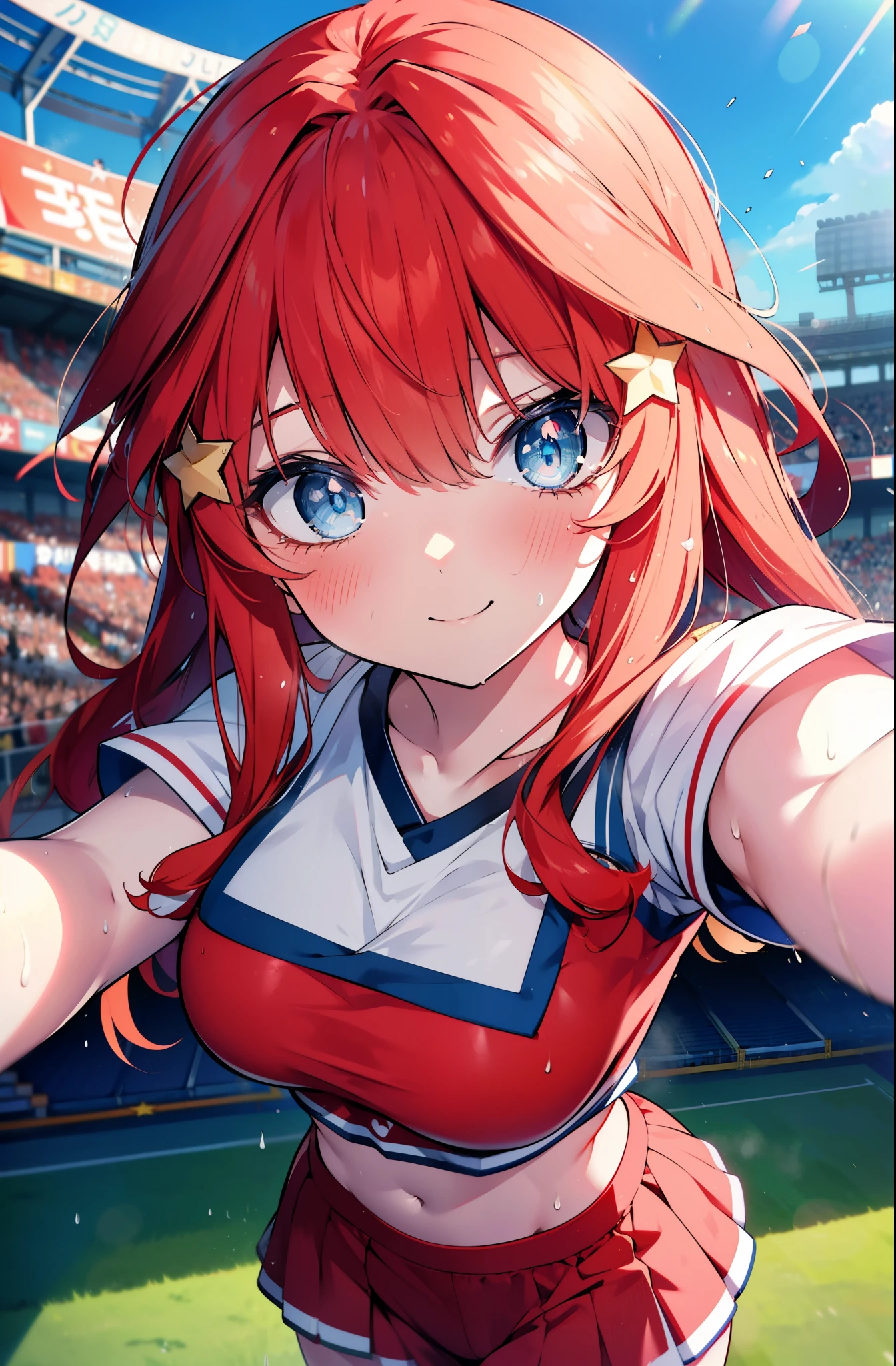 itsukinakano, itsuki nakano, bangs, blue eyes, hair between eyes, Ahoge, redhead, star \(symbol\), happy smile, smile, open your mouth,hair ornaments, star hair ornaments,(cheer leading), (whole body), big breasts, lower, (sweaty), sweaty Wet Clothes,()red clothes), , Navel support, playground, (jump), (jump), 足を曲げてjumpする, air, blue sky, Grass原, Smiling Cheerleader, pom pom \(cheer leading\), Grass, 
break outdoors, stadium,
break looking at viewer, (cowboy shot:1.5),
break (masterpiece:1.2), highest quality, High resolution, unity 8k wallpaper, (figure:0.8), (detailed and beautiful eyes:1.6), highly detailed face, perfect lighting, Very detailed CG, (perfect hands, perfect anatomy),