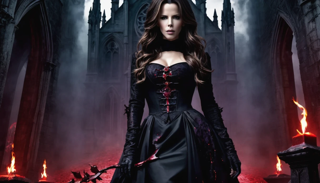 (Kate beckinsale) , (Messenger from hell:1.4),cross,a giant Blood-sucking ghost,View of sickle from below,hell,magma,flame,(purple flame:1.3),There is fresh Blood on the ground,Blood pool,dripping Blood,Gothic aesthetics,one、Rose、castle、cross、Blood、churchyard,The mystery of gothic style、solemn and profound,gothic style,gothic style lace clothes、Rose symbolizes romance、grave、Blood-sucking ghost、witch、ruins、gothic cathedral,Gothic symbols series