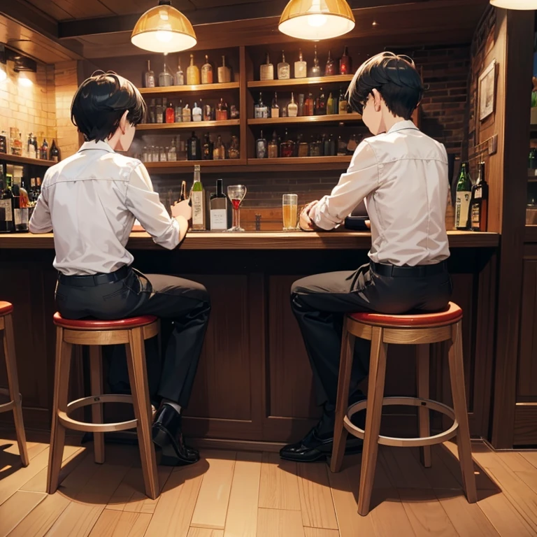 bar、counter、stool、sit、2 men、back view、looks fun