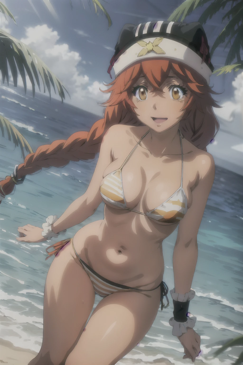 2d anime, woman, Lupusregina Beta from Overlord, long red braided hair, brown eyes, orange striped bikini, beach, breasts, stomach, legs, stranding, sexy, tan skin, masterpiece, best quality, highres, ultra detailed