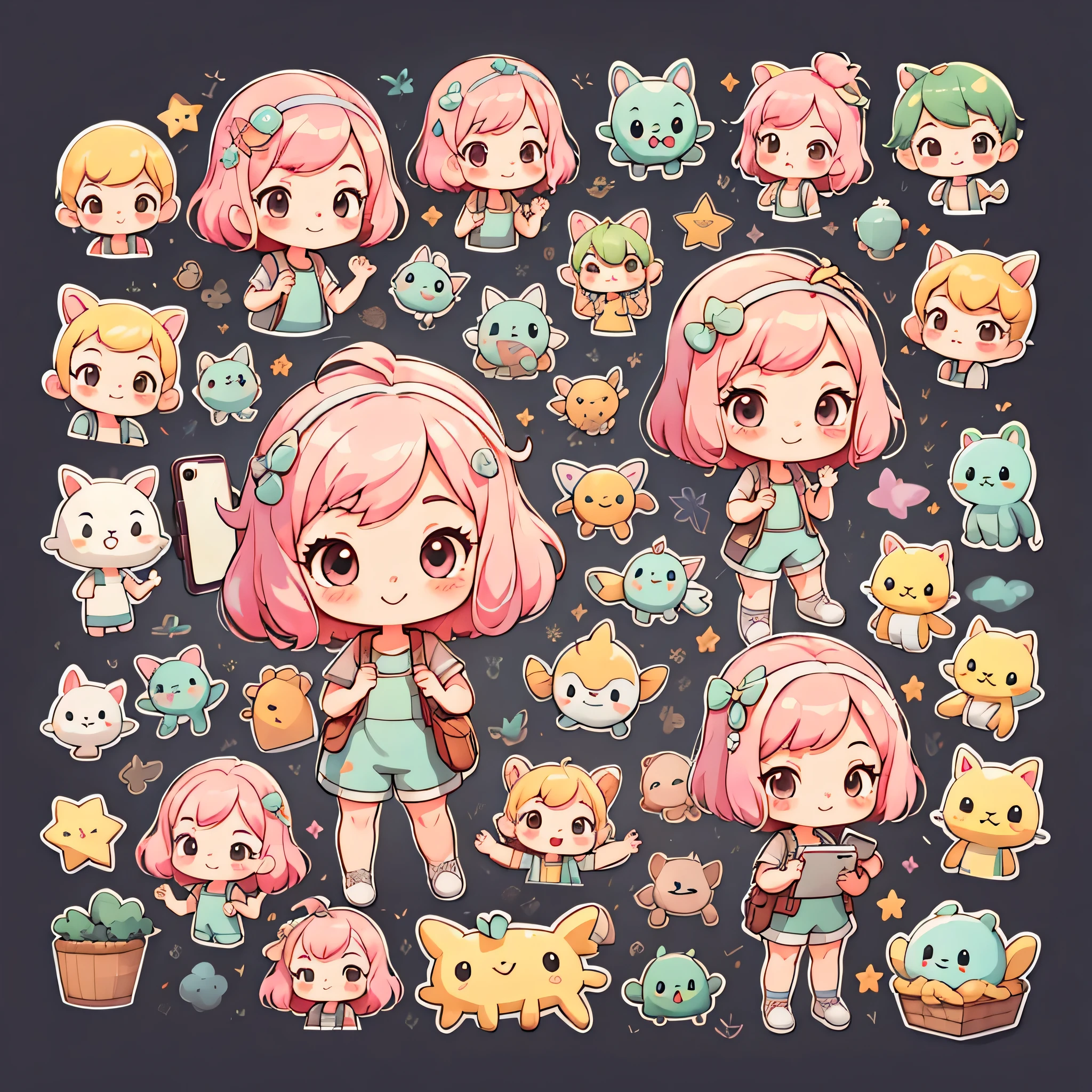 sticker,1 girl,(((Chibi)))、simple background,pink hair,bob hair,Smartphone in hand,best smile