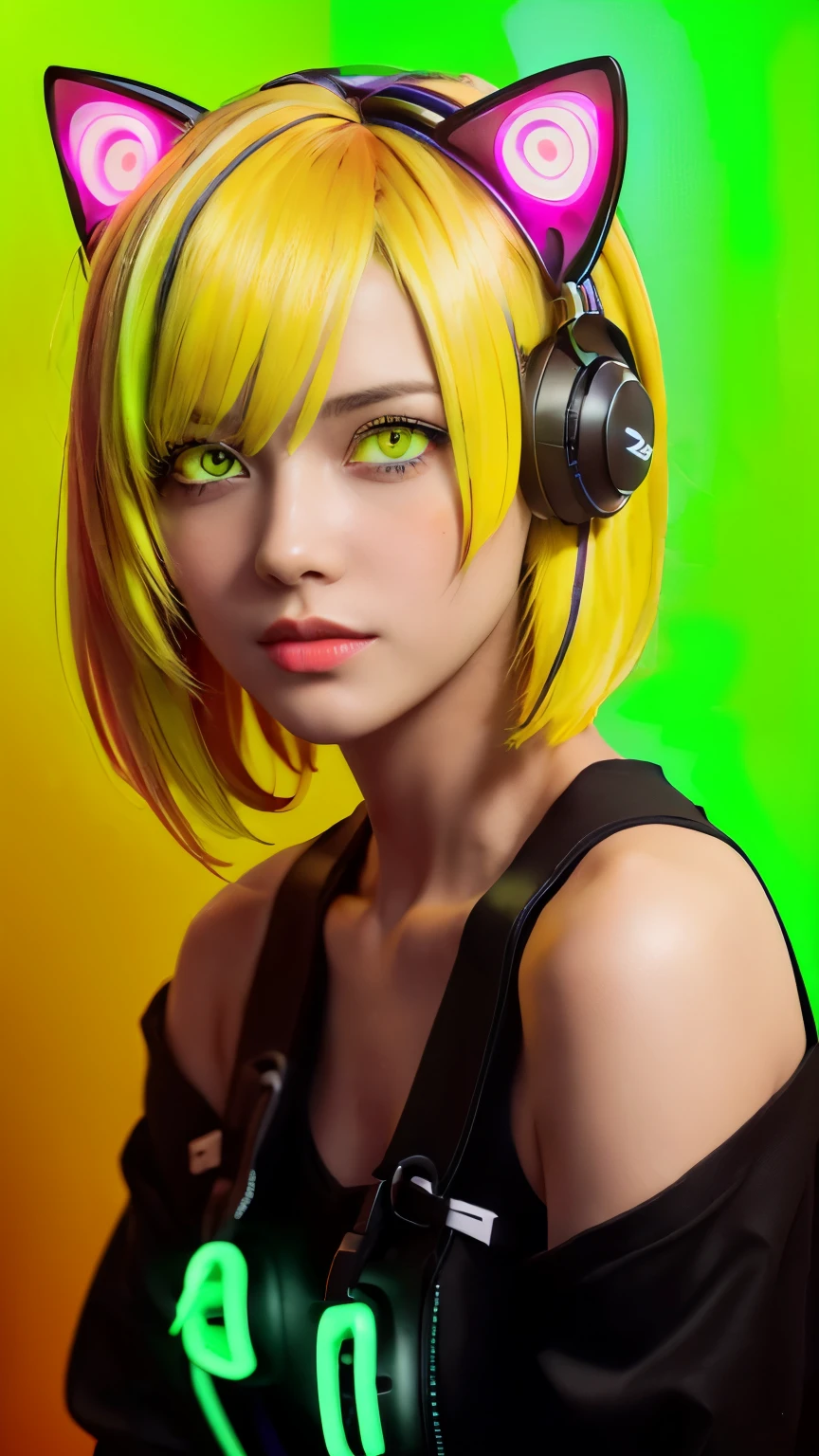 masterpiece, highest quality, 4K, Photorealistic, bokeh, enlightenment,1 perfect portrait of a girl, (A fascinating eye for perfect detail:1.2), colorful hair, (gradient hair), (neon yellow hair:1.6), (Cat ear:1.2), fantasy background, (exposed bare shoulders), (long-term alienation sleeve), (lean forward a little), head tilt, movie lighting, oversized clothes, (seductive pose:1.4), (neon yellow background:1.6), Red beautiful eyes, close up,