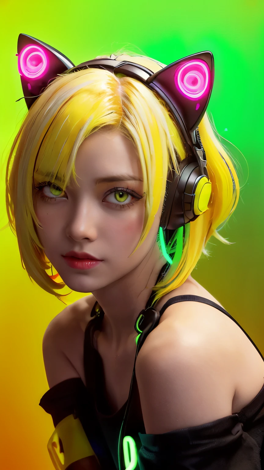 masterpiece, highest quality, 4K, Photorealistic, bokeh, enlightenment,1 perfect portrait of a girl, (A fascinating eye for perfect detail:1.2), colorful hair, (gradient hair), (neon yellow hair:1.6), (Cat ear:1.2), fantasy background, (exposed bare shoulders), (long-term alienation sleeve), (lean forward a little), head tilt, movie lighting, oversized clothes, (seductive pose:1.4), (neon yellow background:1.6), Red beautiful eyes, close up,