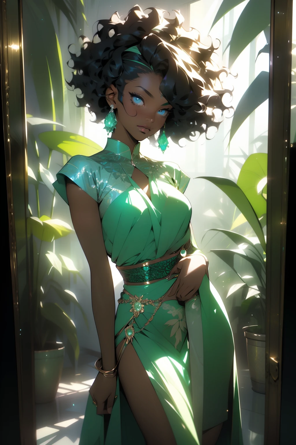 A half body shot of a radiant black woman is captured behind a foggy mirror, the reflection of her image partially blurred with an enigmatic allure. Clad in vibrant African-inspired attire, her blue eyes sparkle with a mystical energy, framed by lively curls that cascade down her shoulders. The scene is set amidst a backdrop of atmospheric shimmering, with neon lit green leaves and flowers in semi curve shape surrounding her. The images radiate a beautiful and moody ambiance, enveloped by a color palette of green, grey, and silver gradient hues. Her ethereal beauty is accentuated by the soft foggy mirror