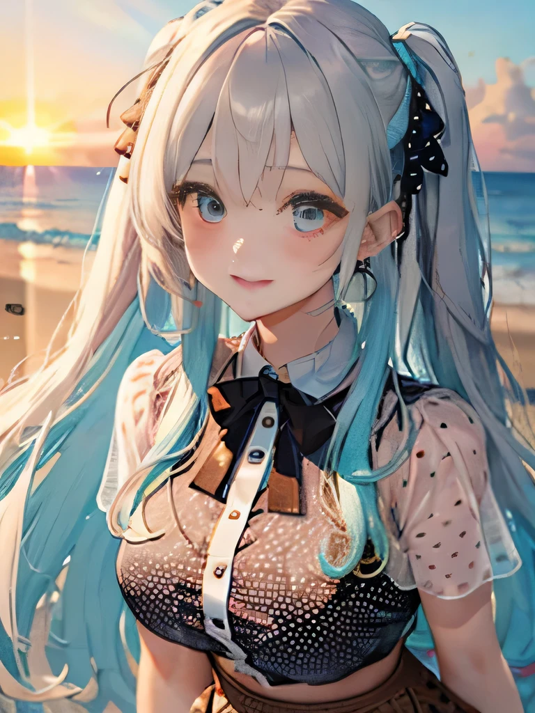 (Glasses)、The arrival of autumn、big butt、big butt、 Super detailed,bright colors, very beautiful detailed anime face and eyes,highest quality, hyper detail, masterpiece, look straight, ;shiny_skin,girl, ((long hair、gradation hair , Half white hair、Half light blue hair: 1.5)) 、forehead is exposed、shiny hair, delicate beautiful face, blush、(turquoise eyes), White skin, Valletta, mature earrings,、sandy beach、sunset、((ribbon、(polka dots、See-through brown mini skirt)))、twin tails、smile、happy face、face dyed red、dynamic