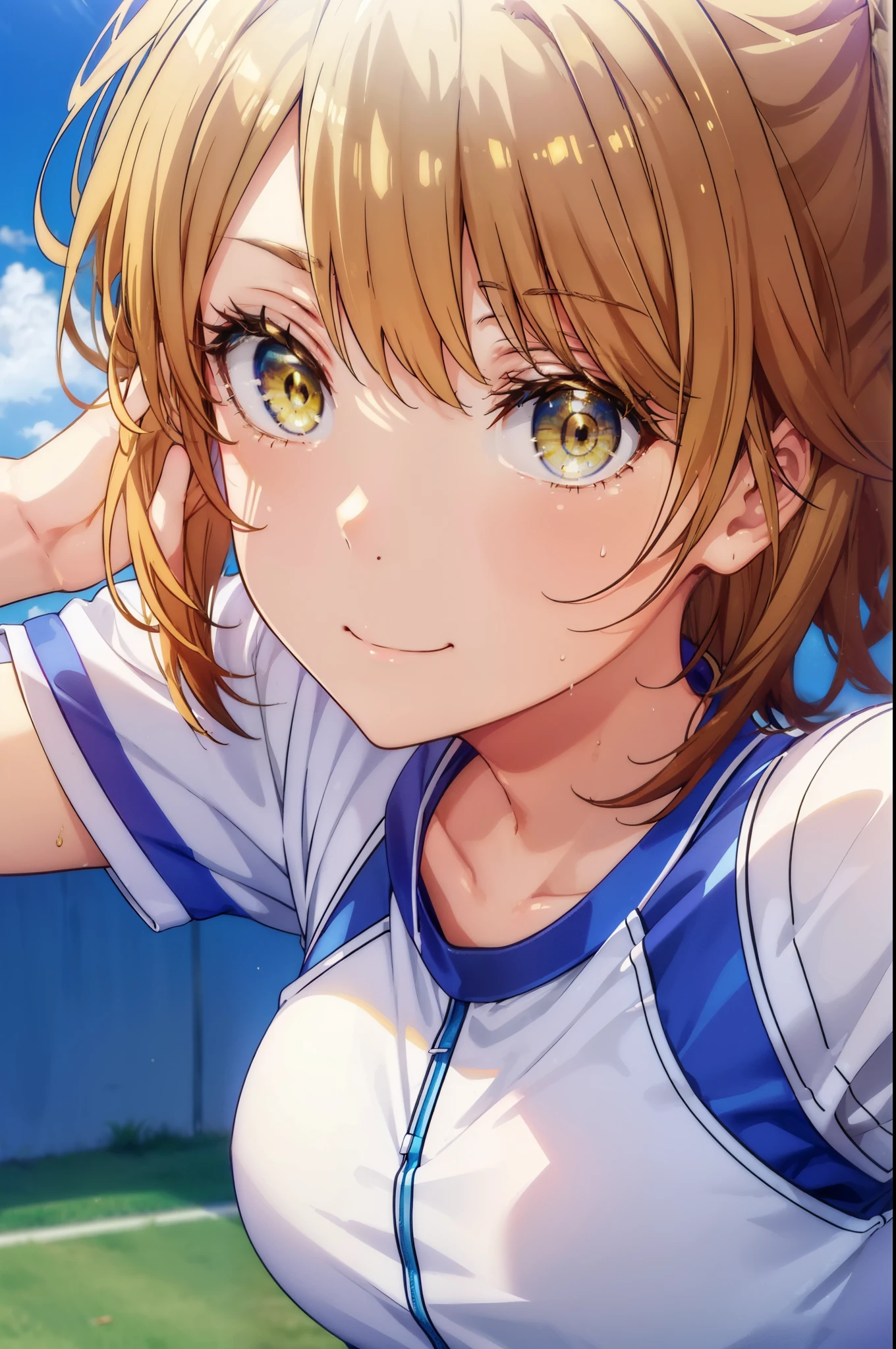 irohaisshiki, iroha isshiki, short hair, brown hair, (brown eyes:1.5), smile,happy smile, smile, open your mouth,(cheer leading), (whole body), big breasts, lower, (sweaty), sweaty Wet Clothes, (yellow clothes), , Navel support, playground, (jump), (jump), 足を曲げてjumpする, air, blue sky, Grass原, smile
チアリーダー, pom pom \(cheer leading\), Grass, smile, 
break outdoors,stadium,
break looking at viewer,
break (masterpiece:1.2), highest quality, High resolution, unity 8k wallpaper, (figure:0.8), (detailed and beautiful eyes:1.6), highly detailed face, perfect lighting, Very detailed CG, (perfect hands, perfect anatomy),