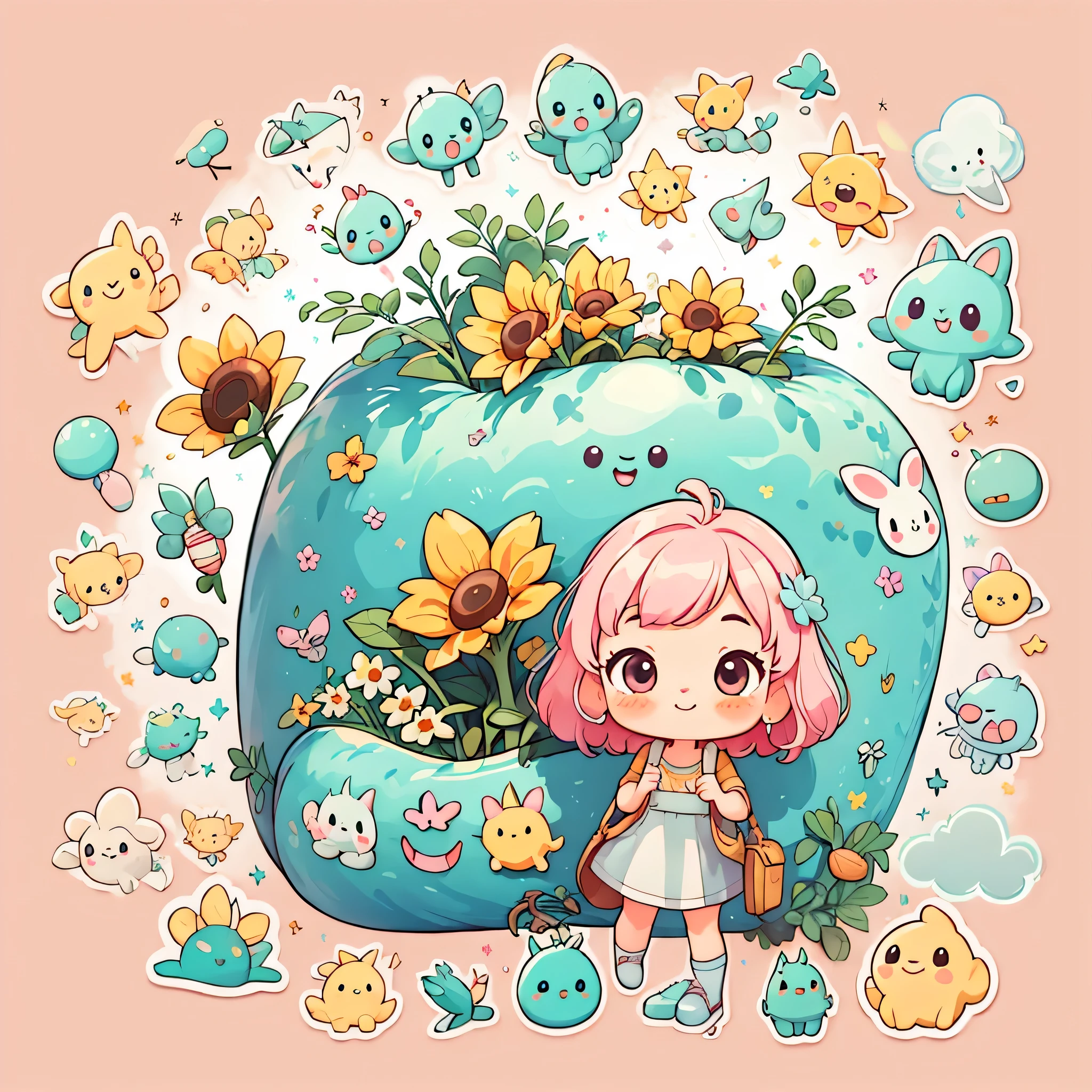 sticker,1 girl,(((Chibi)))、simple background,pink hair,bob hair,sunflower,best smile、Cute Aliens