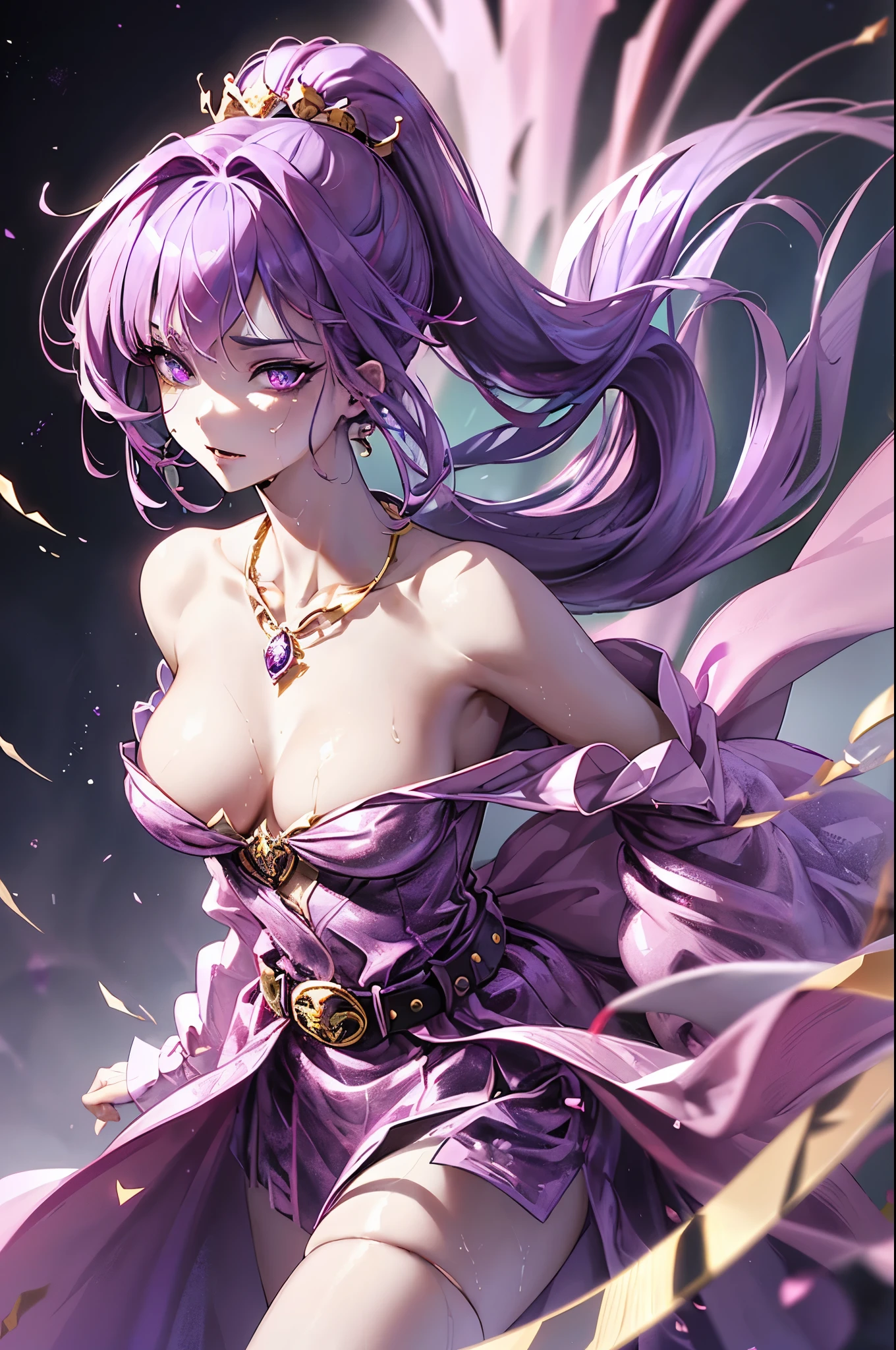 Vampire Queen Small Breast Combat Dress ( Radiant Royal Cloak: 1.1) Black and Purple Color Sexy Devil Aura Original Character Masterpiece Tempting Purple Eyes (Multicolor High Ponytail 1:1.2) Purple Gemstone Accessories Gold Belt, Gold Necklace, Wind Evil Effect, Soft Moonlight , extremely delicate beautiful eyes, depression but arrogant eyes, unique crown, (Corruption Tattoo 1;1.25), naughty face, 16k, gorgeous, bare shoulders, cute, petite, solo , stars, stardust, (iridescent hair, colorful hair, half purple and half pink hair: 1.2), (left eye purple and right eye golden), wet body detailed, creative, charming, killing scenario, floating effect, magical, mythic, seducing, attractive, idol, bloody background, magical halo, mirror, intense sport