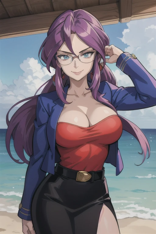 masterpiece, best quality,  animeLorelei, purple hair, blue eyes, hair between eyes, glasses, blue jacket, red shirt, cleavage, belt, pencil skirt, large breasts, cowboy shot, looking at viewer, smile, ocean, furrowed brow