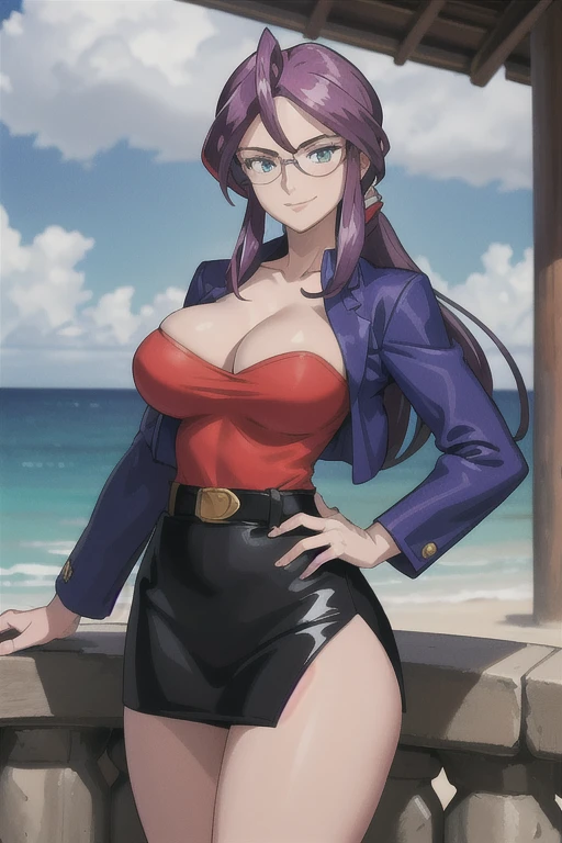 masterpiece, best quality,  animeLorelei, purple hair, blue eyes, hair between eyes, glasses, blue jacket, red shirt, cleavage, belt, pencil skirt, large breasts, cowboy shot, looking at viewer, smile, ocean, furrowed brow