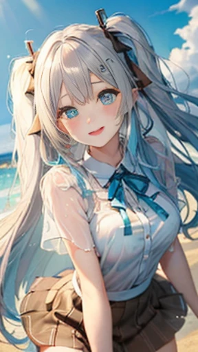 （Glasses）、The arrival of autumn、big butt、big butt、 Super detailed,bright colors, very beautiful detailed anime face and eyes,highest quality, hyper detail, masterpiece, look straight, ;shiny_skin,girl, ((long hair、gradation hair , Half white hair、Half light blue hair: 1.5)) 、forehead is exposed、shiny hair, delicate beautiful face, blush、(turquoise eyes), White skin, Valletta, mature earrings,、sandy beach、blue sky、Wind、((ribbon、(heart pattern、See-through brown extremely tight skirt)))、twin tails、smile、happy face、face dyed red、dynamic、show off your butt