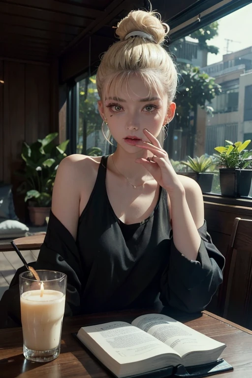 20 year old woman, blonde, (high top fade:1.3), dark theme, soothing tone, calm colors, high contrast, (natural skin texture, hyper realism, soft light, sharp)I can see the neon lights of Tokyo、I see a car driving on the road、On the veranda of the apartment、Most of the space is surrounded by plants.、The space is decorated with illumination lights hanging from the ceiling.、Candles are lit on the table、Incense smoke rises、Sitting on a chair、Put on headphones and listen to music、Read a book、Drink coffee、A woman smoking a cigarette、Draw an illustration。
