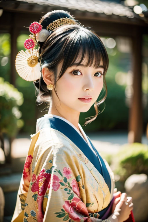 (8k, RAW photo, best quality, perfect anatomy, masterpiece:1.2), (realistic, photo-realistic:1.4), (extremely detailed 8k wallpaper), sharp focus, professional lighting, depth of field, cinematic lighting, (Camera angle is full body:1.5), 25 years old Beautiful and cute japanese actress, Traditional Japanese kimono, Furisode:1.6, Graceful pose, Intricate patterns, Vibrant colors, Japanese textile artistry, Traditional Japanese hairstyle, Kanzashi, Ornate hair accessories, Serene atmosphere, Traditional Japanese backdrop, Tatami room, Japanese garden, Sophisticated beauty, Timeless allure