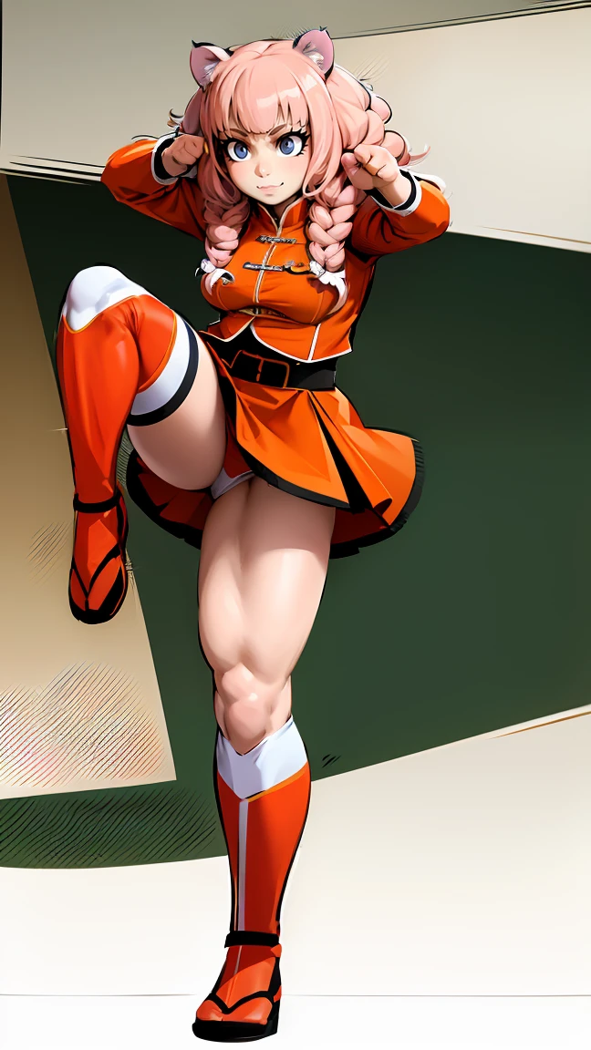  tiger_ears, tiger_tails, martial_art, medium_breast, pink_hair, skirt, jacket, godess,1girl,coat,standing,, solo focus.1character,,refsheet, character focus, 1character,fangs, closed_mouth,pink_hair, green_eyes, chinese_dress, tomboy,shoes, full_body, martial_pose_karate