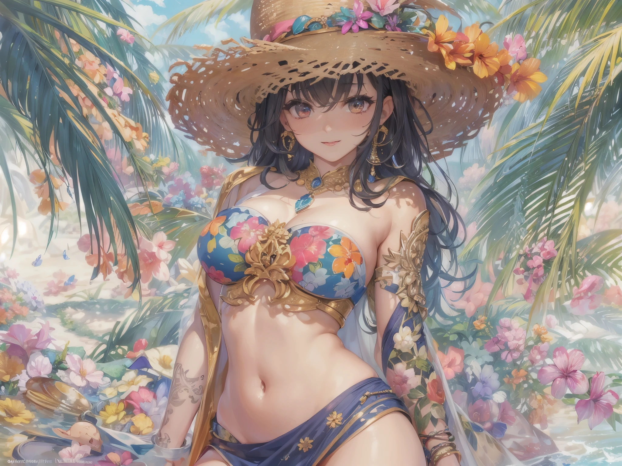 ((highest quality)),(ultra high resolution),(Super detailed),(detailed description),((best CG)),(best work of art),super precision art,amazing drawing art,(Art with precise details:1.5), colorful swimwear,anklet,tattoo,hat, tropical beach