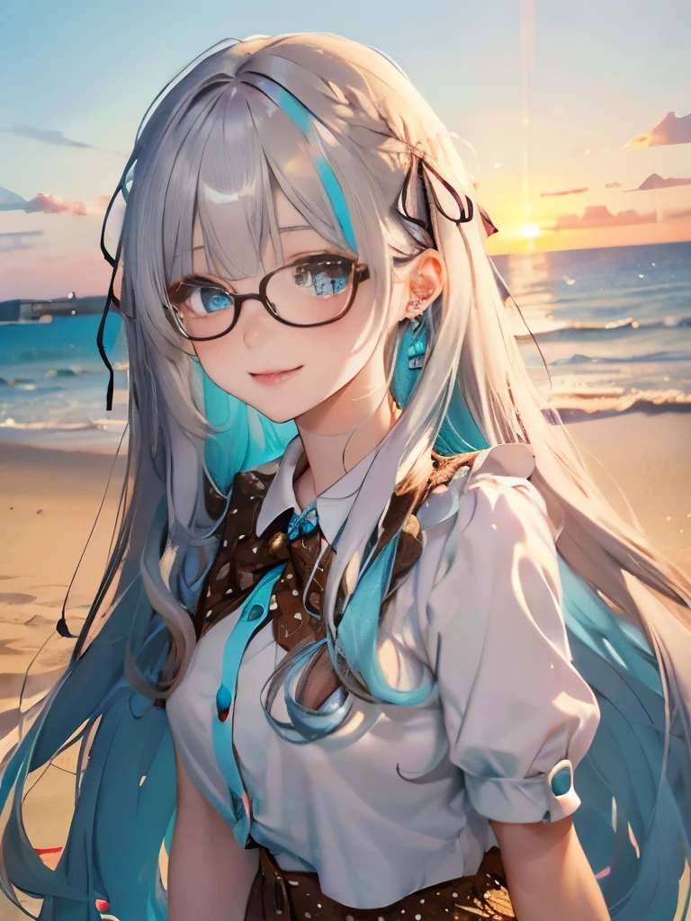 （Glasses）、The arrival of autumn、big butt、big butt、 Super detailed,bright colors, very beautiful detailed anime face and eyes,highest quality, hyper detail, masterpiece, look straight, ;shiny_skin,girl, ((long hair、gradation hair , Half white hair、Half light blue hair: 1.5)) 、forehead is exposed、shiny hair, delicate beautiful face, blush、(turquoise eyes), White skin, Valletta, mature earrings,、sandy beach、sunset、((ribbon、(All the buttons are off、polka dots、Brown mini skirt)))、twin tails、smile、happy face、face dyed red、dynamic