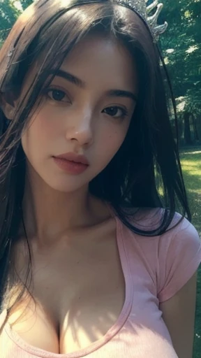 32k, best quality, (((masterpiece))), realistic, ultra detail, photo realistic, Increase quality, highly detailed, ultra details, a photo of a ((sexy and hot)) seductive girl standing in park wearing ((pink t-shirt)), (big boobs: 1.4), (big diamond crown) on head, ((straight hairs:1.2)), in the style of dark and brooding designer, voluminous mass, photobash, serene faces, jagged edges, navy, natural beauty, (closeup shot), self portrait, (cinematic shot), ((perfect female anatomy)), few sun rays, 