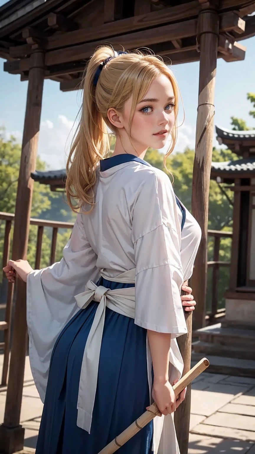 blonde hair, gradient hair, hair over shoulder, hair behind ear, longeyelashes, light smile, Surrealism, depth of field, atmospheric perspective, foreshortening, UHD, anatomically correct, highres, 16k、 ((最high quality, 8K, masterpiece: 1.3, Ultra HD, high quality, 最high quality, High resolution, realism)) 、(high color saturation:1.0), (highly detailed skin), (最high quality:1.0), (超High resolution:1.0) ,(realistic:1.0), (Super detailed:1.0), (8K, Raw photo:1.1), slender、Slender, muscular body that's toned like an athlete's、I don't want my head to disappear from the screen.、25 year old white woman、shiny hair、Her hair color is blonde.、blue eyes、long hair、hair above one eye、smile、On the approach to a Japanese shrine、She is a shrine maiden.、Sweeping the grounds with a bamboo broom、Grinning ((light smile))、split ponytail, 8k