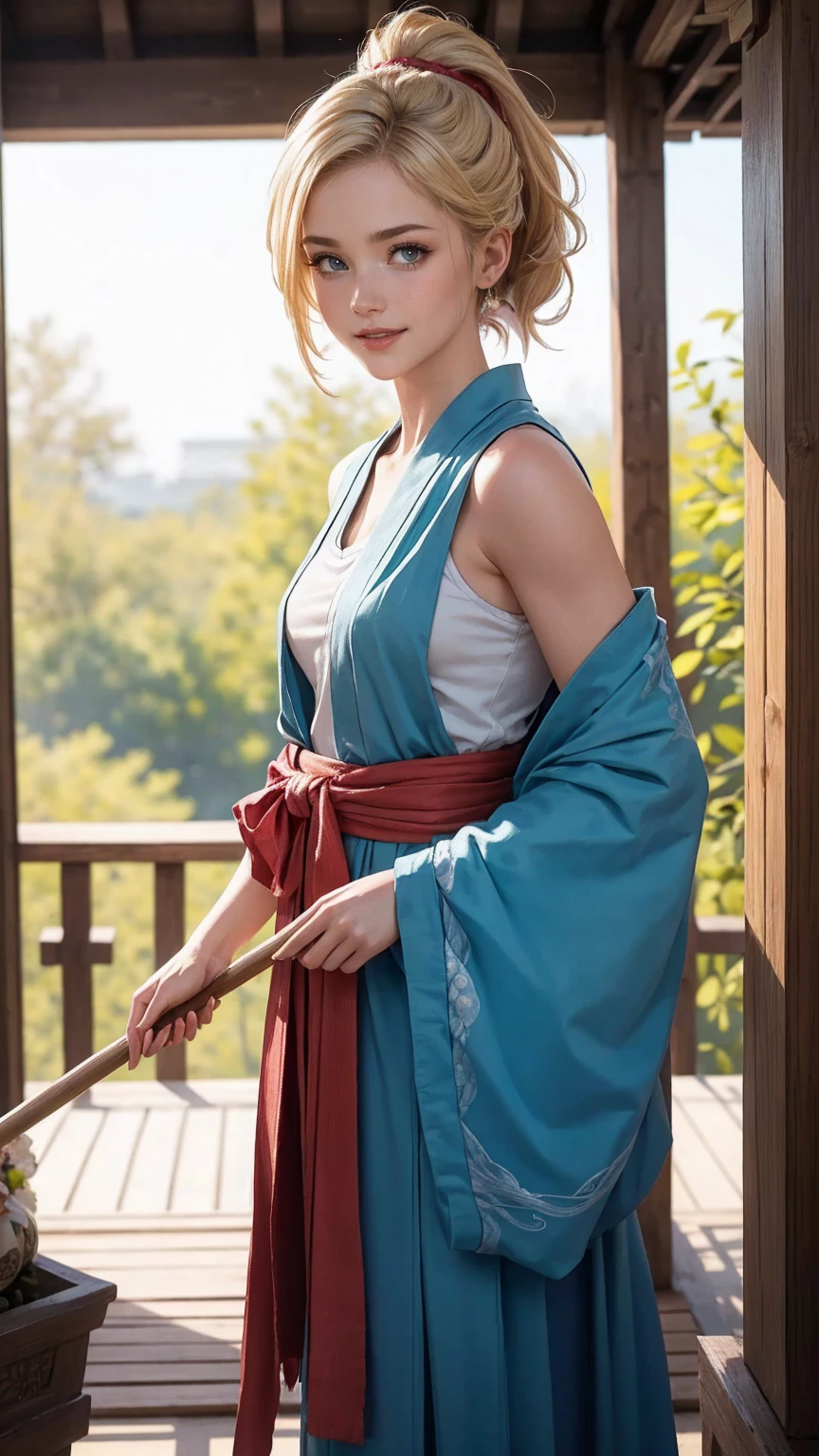 blonde hair, gradient hair, hair over shoulder, hair behind ear, longeyelashes, light smile, Surrealism, depth of field, atmospheric perspective, foreshortening, UHD, anatomically correct, highres, 16k、 ((最high quality, 8K, masterpiece: 1.3, Ultra HD, high quality, 最high quality, High resolution, realism)) 、(high color saturation:1.0), (highly detailed skin), (最high quality:1.0), (超High resolution:1.0) ,(realistic:1.0), (Super detailed:1.0), (8K, Raw photo:1.1), slender、Slender, muscular body that&#39;s toned like an athlete&#39;s、I don&#39;t want my head to disappear from the screen.、25 year old white woman、shiny hair、Her hair color is blonde.、blue eyes、long hair、hair above one eye、smile、On the approach to a Japanese shrine、She is a shrine maiden.、Sweeping the grounds with a bamboo broom、Grinning ((light smile))、split ponytail, 8k