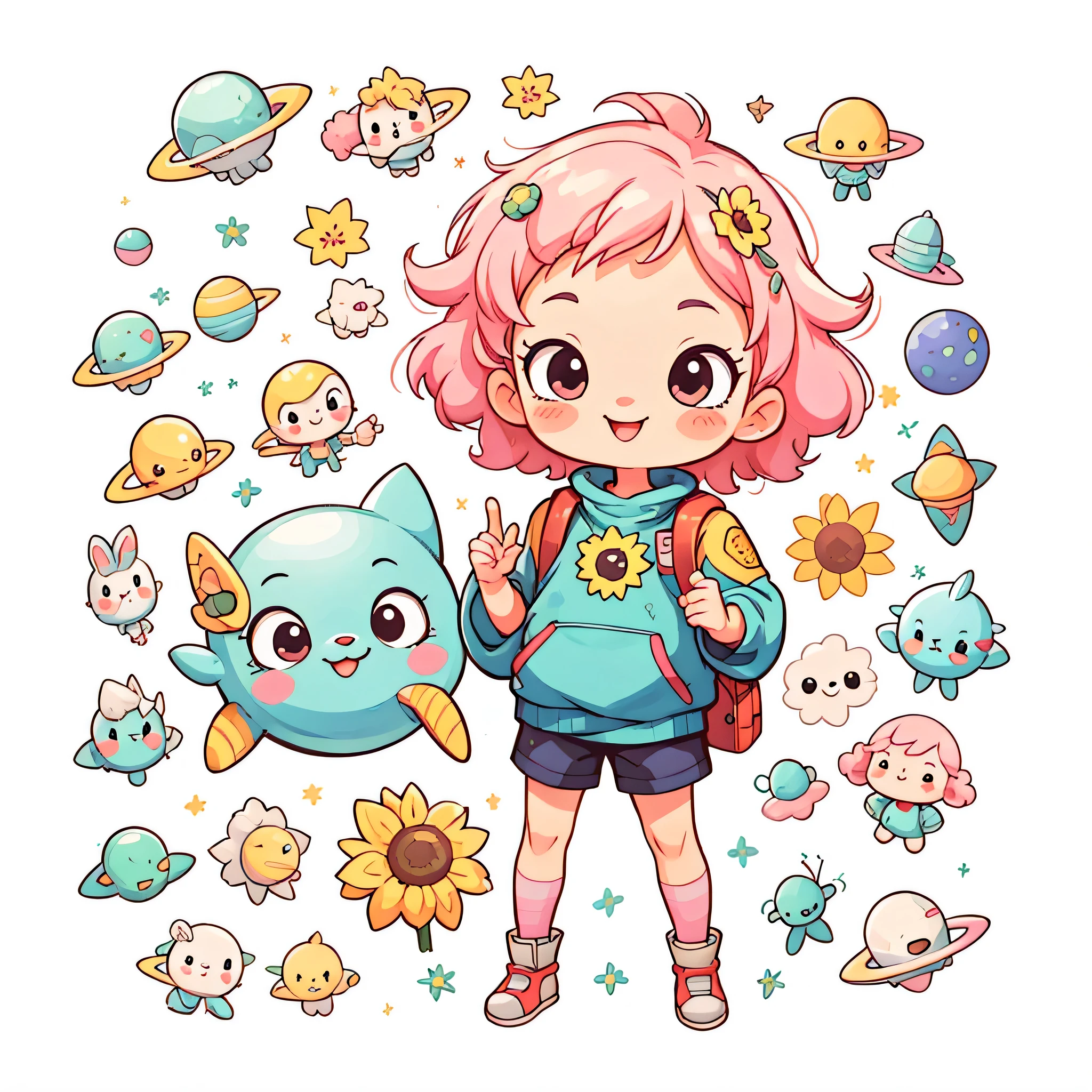akira toriyama style、sticker,1 girl,(((Chibi)))、The background is space,pink hair,bob hair,sunflower,best smile、Cute Aliens