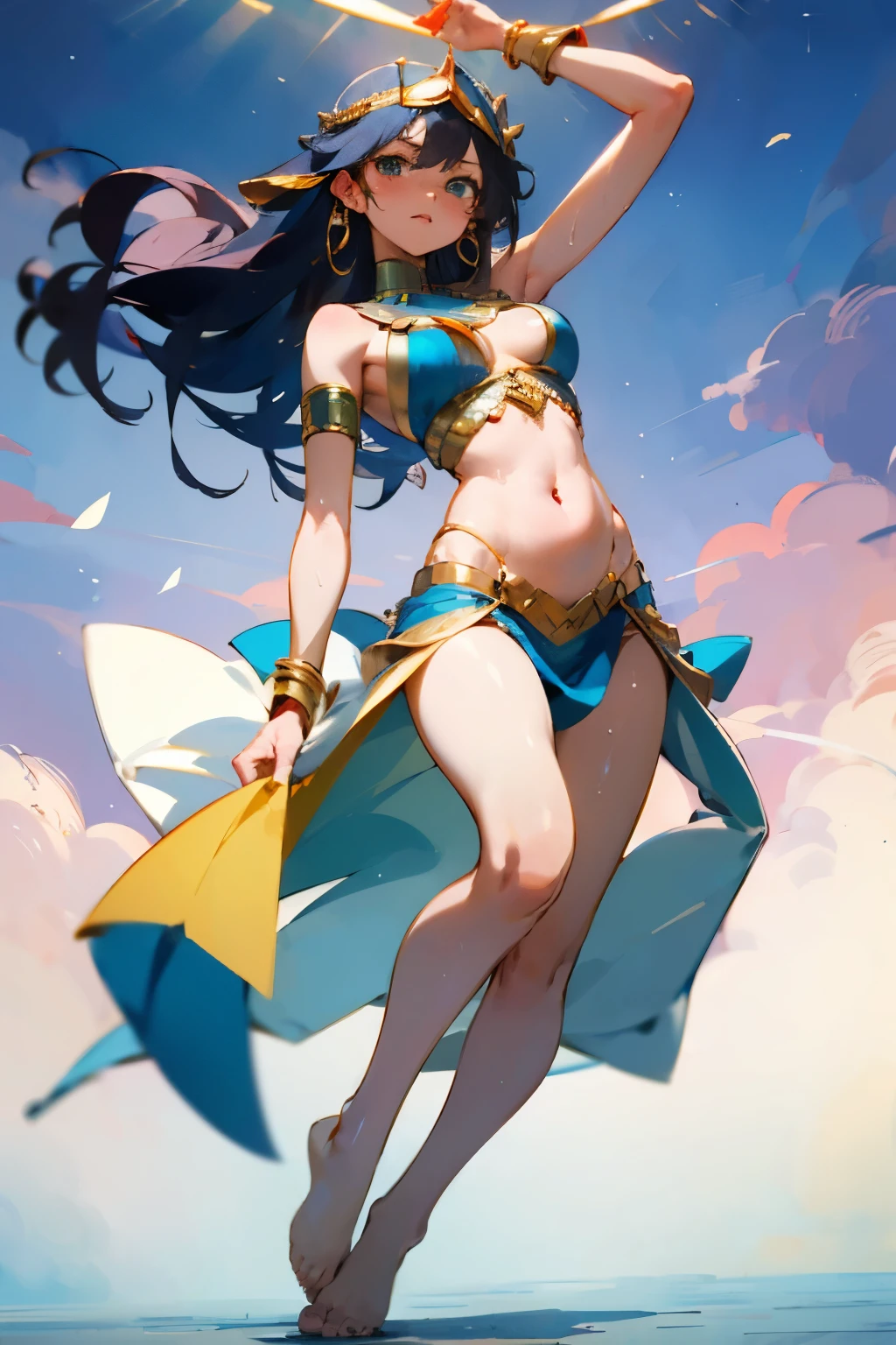 ((highest quality)), ((masterpiece)), (be familiar with), perfect face,Egyptian Belly Dance- Anime,medium breasts,beautiful feet,beautiful legs,sweaty,