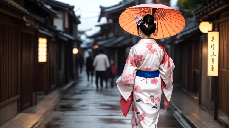 araffe dressed in a kimono walking down a street with an umbrella, A quest to travel deeper into Japan, japanese kimono, Japanese style, japanese woman, Inspired by Kyoto, geisha, japanese geisha, traditional geisha clothing, wearing a kimono, elegant japanese woman, Japanese style, wearing kimono, in a kimono, in kimono, kimono, Japanese heritage, japanese street