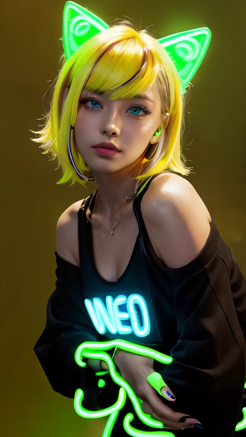 masterpiece, highest quality, 4K, Photorealistic, bokeh, enlightenment,1 perfect portrait of a girl, (A fascinating eye for perfect detail:1.2), colorful hair, (gradient hair), (neon yellow hair:1.6), (Cat ear:1.2), fantasy background, (exposed bare shoulders), (long-term alienation sleeve), (lean forward a little), head tilt, movie lighting, oversized clothes, (seductive pose:1.4), (neon yellow background:1.6), beautiful blue eyes, close up,