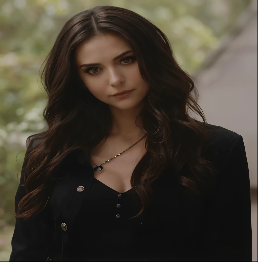 um close de uma mulher com cabelos longos e uma camisa preta, nina dobrev, as a vampiro, quente, ainda promocional, mulher deslumbrante, promotion still, inspirado em Katerine petrova, lindo escuro, inspirado em Katherine pierce, vampiro, intense combustion, cabelo escuro, linda mulher, cabelo escuro, mulher mais linda do mundo