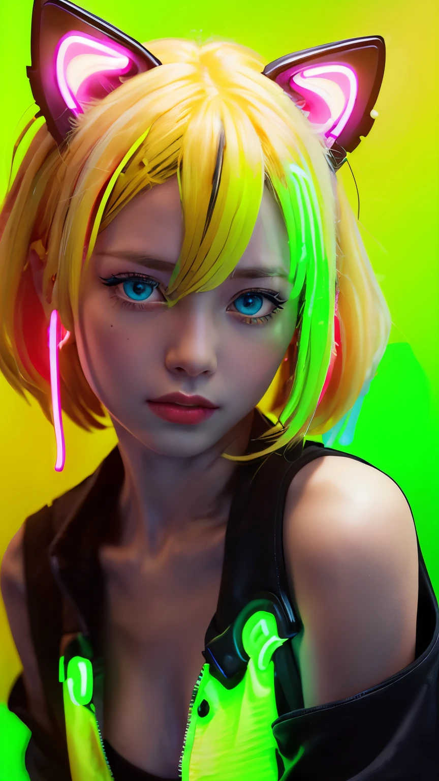 masterpiece, highest quality, 4K, Photorealistic, bokeh, enlightenment,1 perfect portrait of a girl, (A fascinating eye for perfect detail:1.2), colorful hair, (gradient hair), (neon yellow hair:1.6), (Cat ear:1.2), fantasy background, (exposed bare shoulders), (long-term alienation sleeve), (lean forward a little), head tilt, movie lighting, oversized clothes, (seductive pose:1.4), (neon yellow background:1.6), beautiful blue eyes, close up,