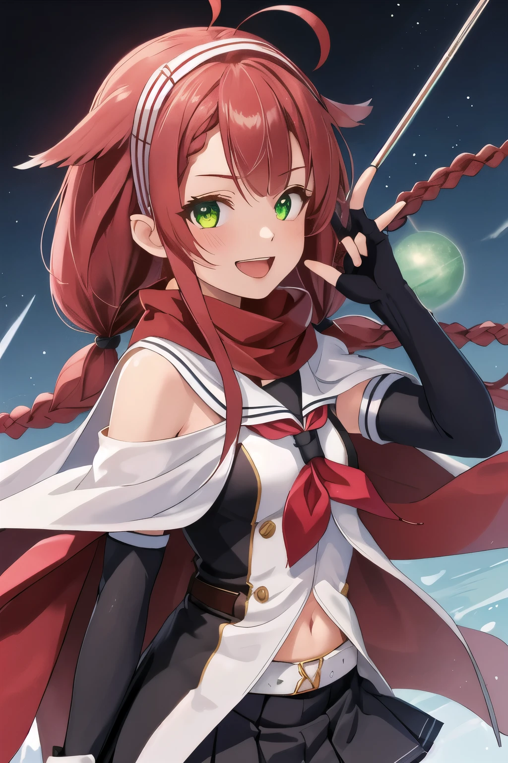 highest quality, masterpiece, High resolution, 一人in, {kawakaze_Fleet Collection:1.15}, length_hair, red_hair, ribbon, hairband, hair_ribbon, 前hair, Ahoge, twintails, side lock, low_twintails, asymmetrical_前hair, very_length_hair, smile, green_eye, serafuku, No sleeve, hair_flap, 1 girl, black_gloves, Braid, cape, elbow_gloves, fingerless_gloves, gloves, looking for_in_viewer, scarf, School_uniform, twin_Braids, yellow_eye, neckerchief, skirt, torpedo, mechanical, Open_mouth, pleined_skirt