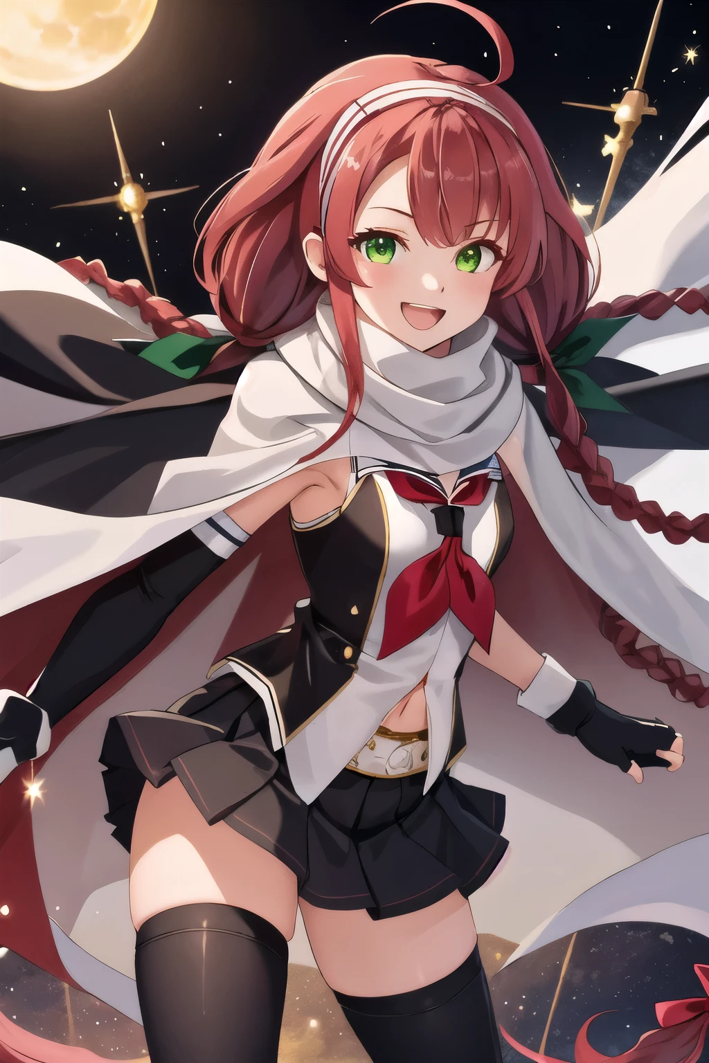 highest quality, masterpiece, High resolution, 一人in, {kawakaze_Fleet Collection:1.15}, length_hair, red_hair, ribbon, hairband, hair_ribbon, 前hair, Ahoge, twintails, side lock, low_twintails, asymmetrical_前hair, very_length_hair, smile, green_eye, serafuku, No sleeve, hair_flap, 1 girl, black_gloves, Braid, cape, elbow_gloves, fingerless_gloves, gloves, looking for_in_viewer, scarf, School_uniform, twin_Braids, yellow_eye, neckerchief, skirt, torpedo, mechanical, Open_mouth, pleined_skirt