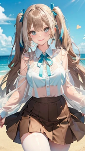 (Glasses)、The arrival of autumn、big butt、big butt、 Super detailed,bright colors, very beautiful detailed anime face and eyes,highest quality, hyper detail, masterpiece, look straight, ;shiny_skin,girl, ((long hair、gradation hair , Half white hair、Half brown hair: 1.5)) 、forehead is exposed、shiny hair, delicate beautiful face, blush、(turquoise eyes), White skin, Valletta, Mature earrings,、sandy beach、blue sky、Wind、((ribbon、msfw.(Diamond pattern、See-through brown extremely tight skirt)))、twin tails、smile、happy face、face dyed red、dynamic、show off your butt