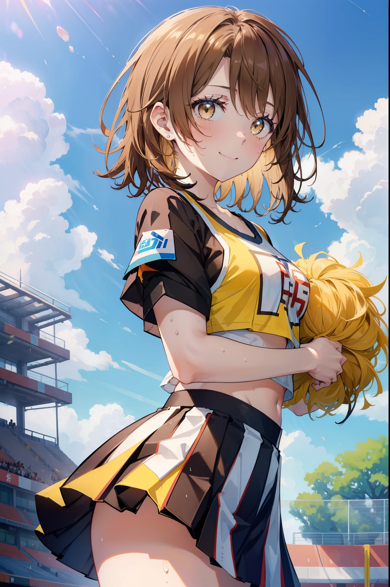 irohaisshiki, iroha isshiki, short hair, brown hair, (brown eyes:1.5), smile,happy smile, smile, open your mouth,(cheer leading), (whole body), big breasts, lower, (sweaty), sweaty Wet Clothes, (yellow clothes),Yellow pleated skirt,sneakers , Navel support, playground, (jump), (jump), 足を曲げてjumpする, air, blue sky, Grass原, smile
チアリーダー, pom pom \(cheer leading\), Grass, smile, 
break outdoors,stadium,
break looking at viewer,
break (masterpiece:1.2), highest quality, High resolution, unity 8k wallpaper, (figure:0.8), (detailed and beautiful eyes:1.6), highly detailed face, perfect lighting, Very detailed CG, (perfect hands, perfect anatomy),