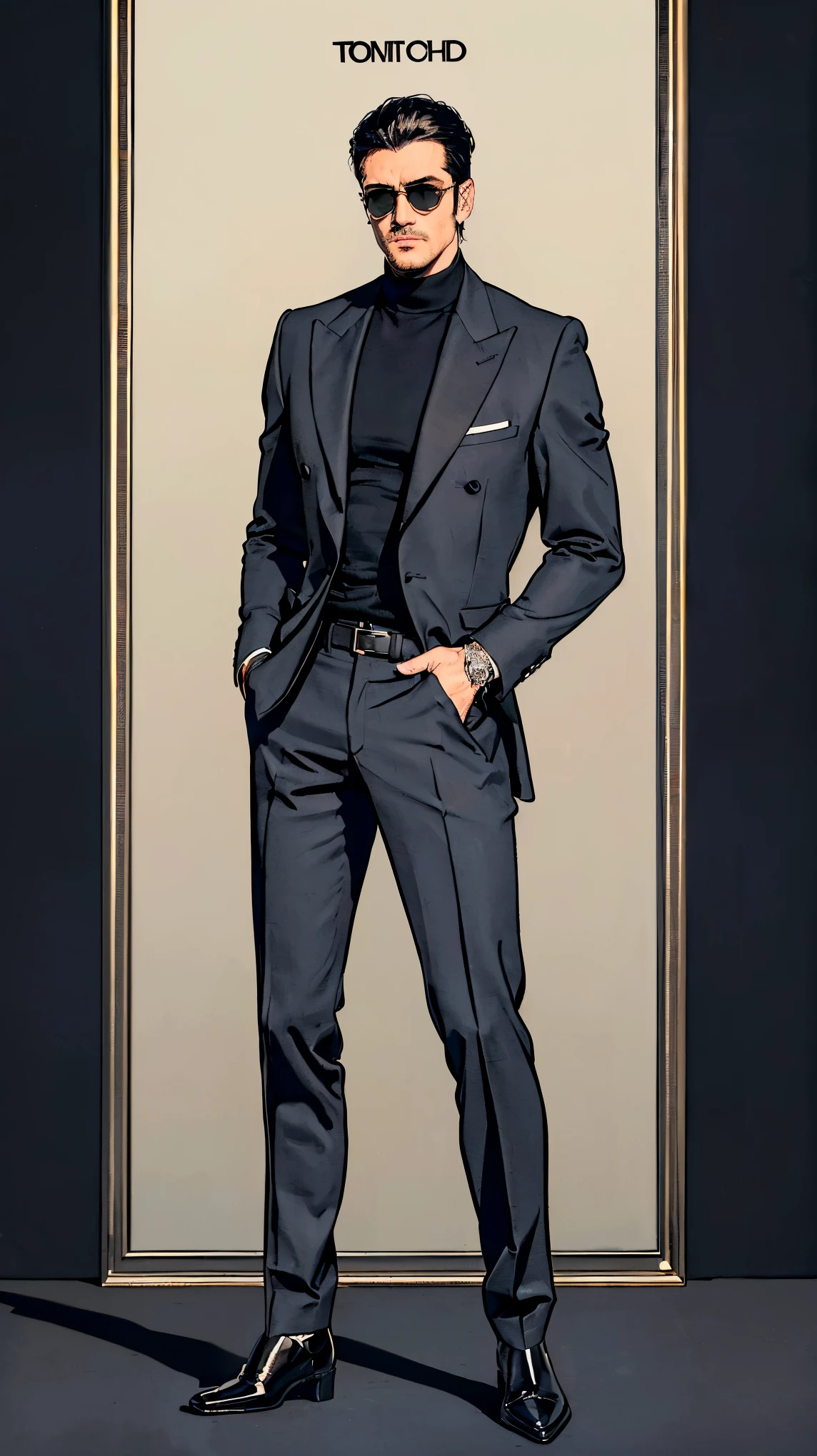 ((best quality,4k,highres,masterpiece:1.2)),((character concept art)), 1 male, age 35. Known for his deadly charm and mysterious aura, John embodies the role of a professional hitman. His body language is as commanding as his profession, always exuding confidence and mystery. (((He's now wearing a Loro Piana Black/gray Melange Classic Turtleneck in Baby Cashmere and a Loro Piana Black/gray Melange Sweater Coat in Double Cashmere. His Brunello Cucinelli black Virgin wool fresco ergonomic fit trousers with pleats, cargo pockets, and zipper cuffs pair perfectly with his Berluti Caractère Éclair Alligator Leather Boot in COLOR: NERO BLU. Adding to his mysterious look, he dons a pair of Tom Ford Raoul sunglasses.))) ((intricate detail)), super finely detailed hands, ultra finely detailed fingers(((ten fingers))), (standing confidently), (full body showcase), (show full body), (no logos on background), (no logo), ((plain background)), ((plain background)), (((empty background))).