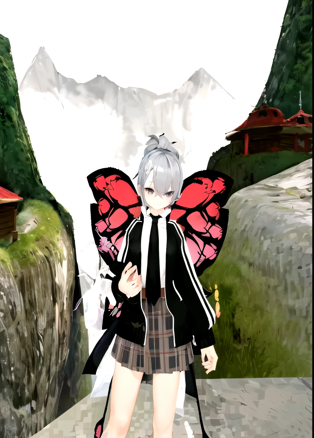 there is a woman with a butterfly wings standing in front of a mountain, insect trainer girl, 2b, 2 b, butterfly wings, butterfly, second life avatar, , masuimi max, inspired by Jin Homura, full pose, shikamimi, with cape, magical school student uniform, silver eyes full body, koyoharu gotouge