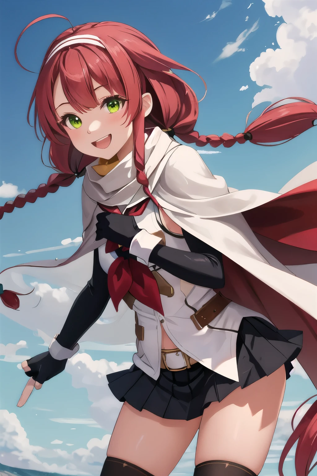 highest quality, masterpiece, High resolution, 一人in, {kawakaze_Fleet Collection:1.15}, length_hair, red_hair, ribbon, hairband, hair_ribbon, 前hair, Ahoge, twintails, side lock, low_twintails, asymmetrical_前hair, very_length_hair, smile, green_eye, serafuku, No sleeve, hair_flap, 1 girl, black_gloves, Braid, cape, elbow_gloves, fingerless_gloves, gloves, looking for_in_viewer, scarf, School_uniform, twin_Braids, yellow_eye, neckerchief, skirt, torpedo, mechanical, Open_mouth, pleined_skirt