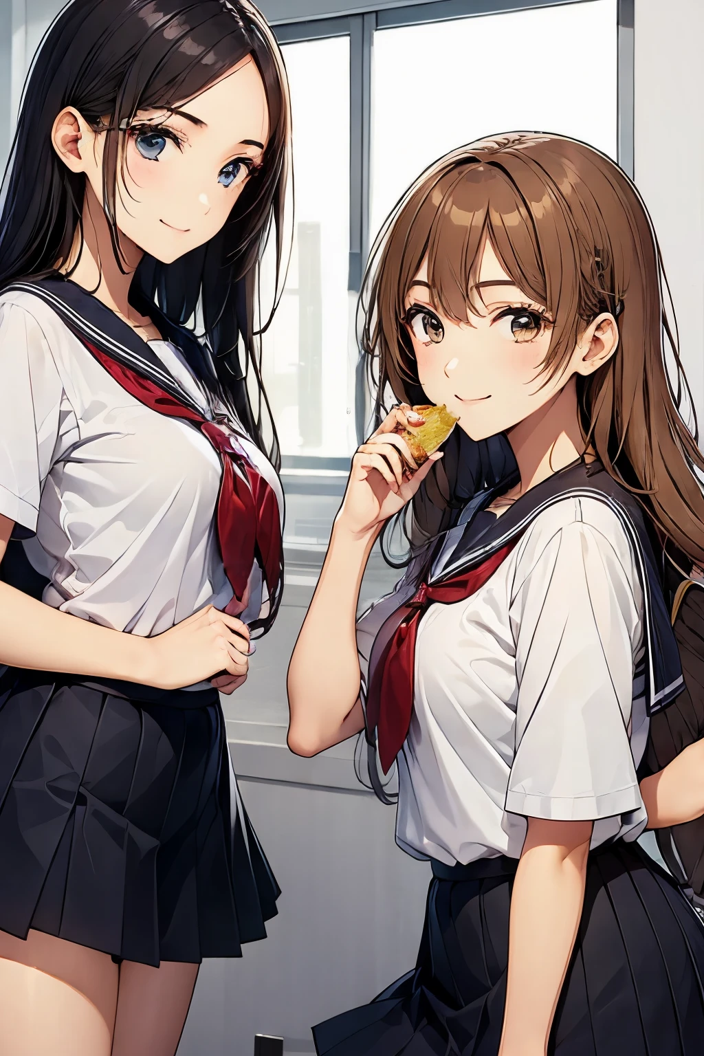 Two high school girls sitting on a park bench and licking soft serve ice cream、seductive smile、